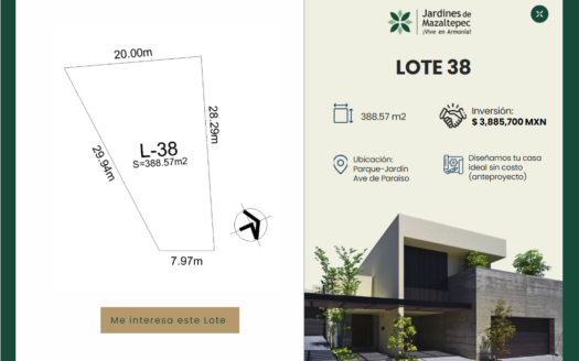 F400.- LOTE 38 EN VENTA DE 388.57 m² – RESIDENCIAL JARDINES DE MAZALTEPEC