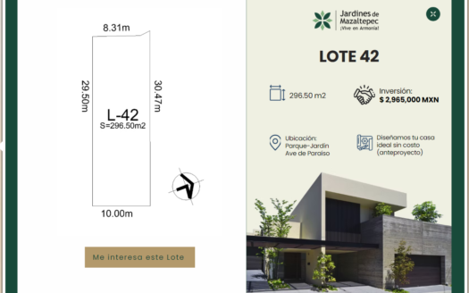 F400.- LOTE 42 EN VENTA DE 296.50 m² | JARDINES DE MAZALTEPEC
