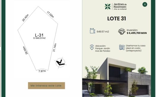 F400.- LOTE 31 EN VENTA DE  649.57 m² – RESIDENCIAL JARDINES DE MAZALTEPEC
