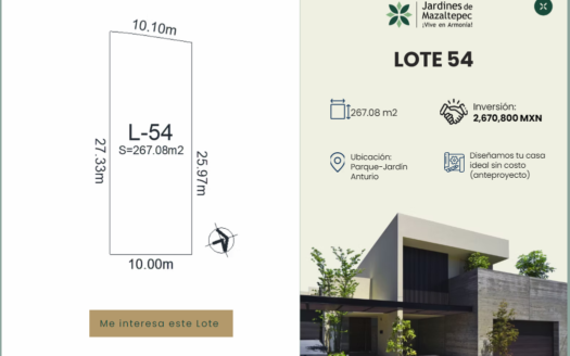 F400.- LOTE 54 EN VENTA DE 267.08 m² | JARDINES DE MAZALTEPEC